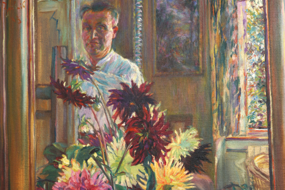 1935 Dahlienstrauss mit Künstler im Hintergrund 79x64
