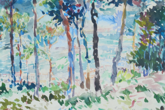 1950 Blick auf Neustadt durch Bäume 31x24