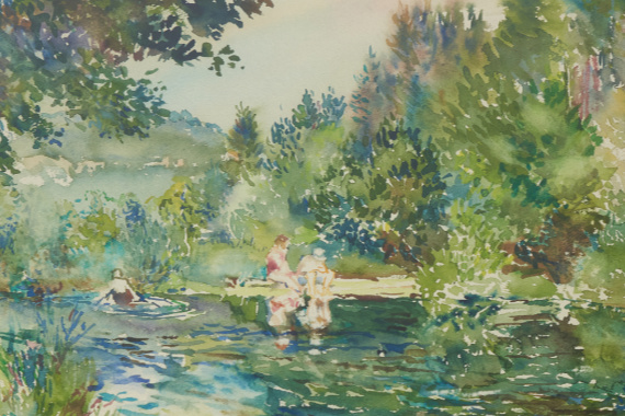 1952 Waldweiher mit Badenden im Kaltenbrunnertal 26x37