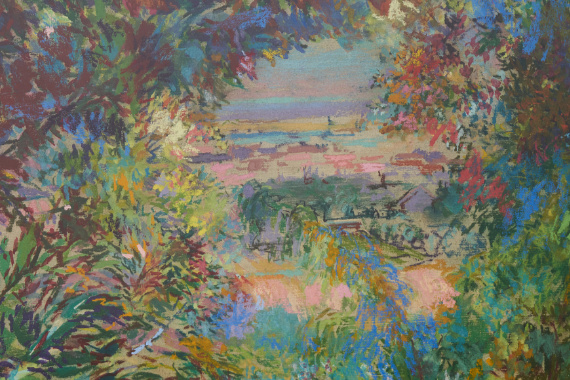 1954 Waldszene mit Rheinebene 39x49
