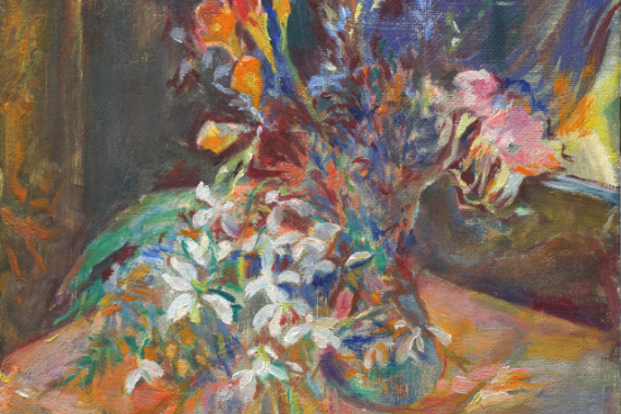 1960 Blumenstrauss mit Schneeglöckchen und Forsythien 30x30